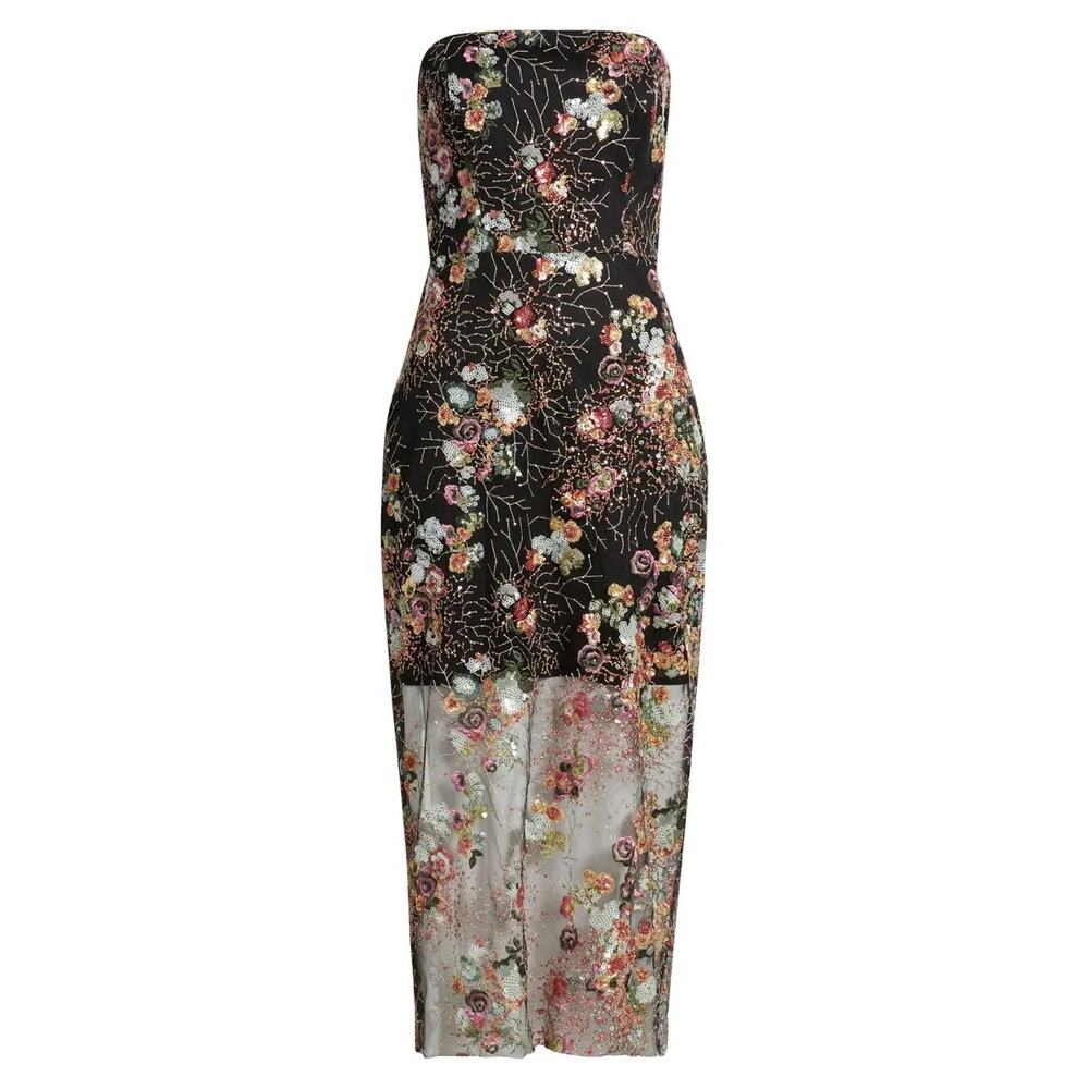 SAM EDELMAN Sz 2 NWT Floral Sequin Strapless Mesh Midi Dress Black Multi